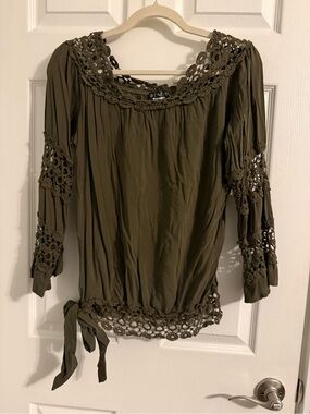 VENUS Olive Crochet-Trim Boho Peasant Tunic